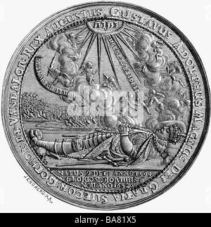 Gustavus Adolphus, 19.12.1594 - 16.11.1632, King of Sweden 30.10.1611 - 16.11.1632, death, commemoration medal, Dresden, 1634, wood engraving, 19th century, , Stock Photo