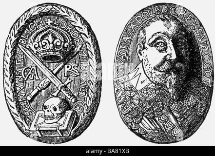 Gustavus Adolphus, 19.12.1594 - 16.11.1632, King of Sweden 30.10.1611 - 16.11.1632, medaillion made from bone, wood engraving, 19th century, , Stock Photo