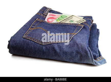 money bills on pocket of a pair of blue jeans Stock Photo