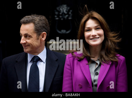 French President Nicolas Sarkozy and wife First Lady of France Madame Carla Bruni Sarkozy at Downing Street on visit to Britain Stock Photo