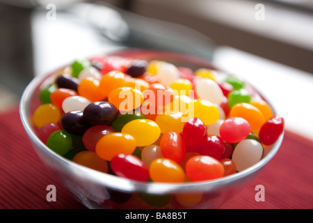 Multicolored jelly beans in a glass bowl Stock Photo