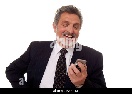 mature man reading a funny text message Stock Photo