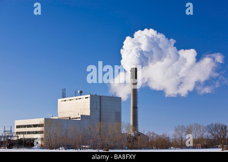 Smokestack emissions from a natural Gas thermal power generating station, Selkirk, Manitoba, Canada. Stock Photo