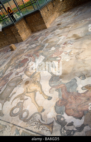 Roman Mosaics in the Triclinium (Dining Room) in Villa del Casale, Piazza Armerina, Sicily, Italy Stock Photo