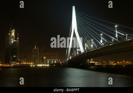The Erasmus Bridge at night, Nieuwe Maas river,  Rotterdam, Netherlands Stock Photo