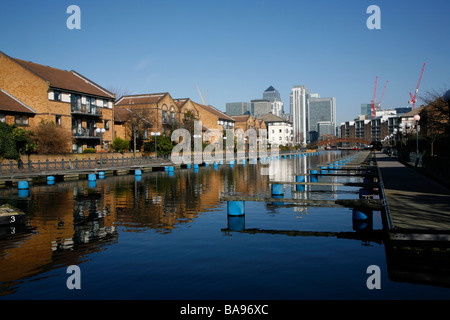 View of Canary Wharf from Millwall Outer Dock, Millwall, Isle of Dogs, London, UK Stock Photo