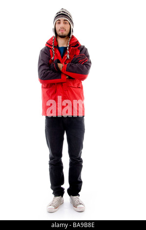 full body pose of young man in woolen cap Stock Photo