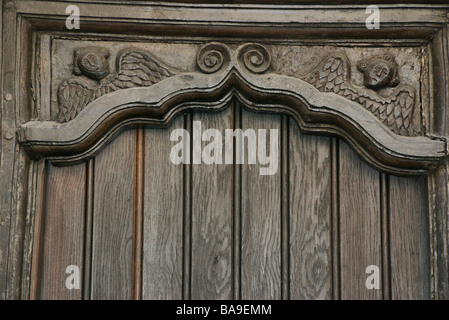 Angel wood carvings over old doorway, New Street, Barbican, Plymouth, Devon, UK Stock Photo