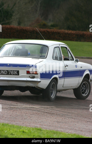 Ford Escort mk1 RS2000 cornering at speed during an autotest event in Delamont Country Park, County Down, Northern Ireland Stock Photo