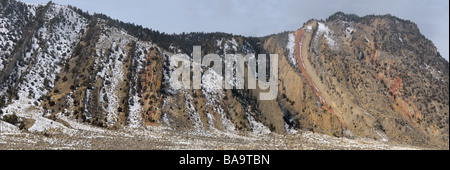 Panorama of vertical rock slabs of sedimentary rock at Devils Slide on Cinnabar Mountain from Old Yellowstone Trail south Montana USA Stock Photo