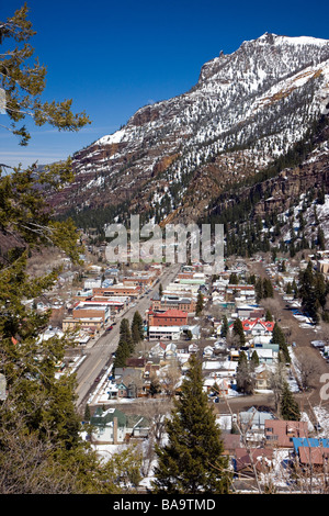 Winter overview of the town of Ouray along The Million Dollar Highway western Colorado M D H is part of the San Juan Skyway SB Stock Photo