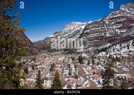 Winter view of the town of Ouray along The Million Dollar Highway western Colorado M D H is part of the San Juan Skyway Byway Stock Photo