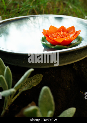 A birdbath with a floating candle, Sweden. Stock Photo
