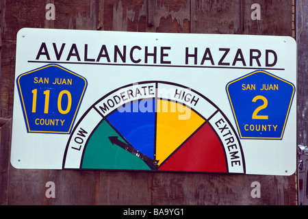 Avalanche Hazard warning sign posted on a building in historic Silverton Colorado USA Stock Photo