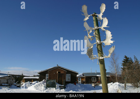 A tower of caribou antlers on a post in the Arctic community of Old Crow, Yukon Territory, Canada. Stock Photo