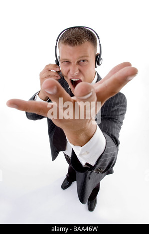 man shouting on phone call Stock Photo
