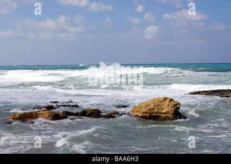 MEDITERRANEAN SEASCAPE AT KISSONERGA ON THE ISLAND OF CYPRUS. Stock Photo