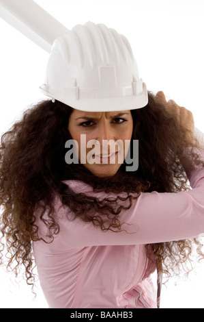 close up of female architect holding blueprints Stock Photo