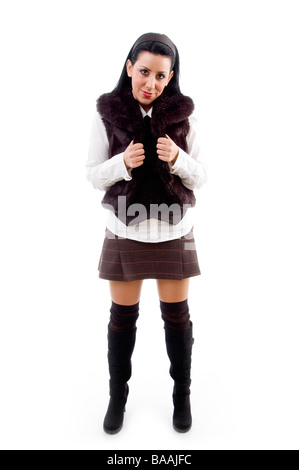 young female wearing jacket and skirt Stock Photo