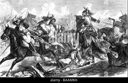 events, War of the Seventh Coalition 1815, Battle of Waterloo, 18.6.1815, charge of French cavalry is repulsed, wood engraving, 19th century, Napoleonic Wars, Hundred Days, Belgium, cuirassiers, historic, historical, people, Stock Photo