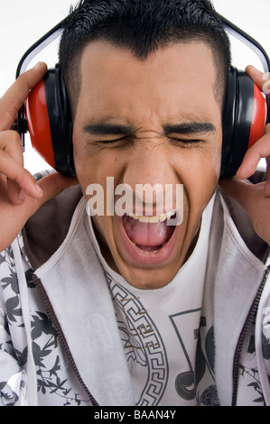shouting boy with headphone Stock Photo