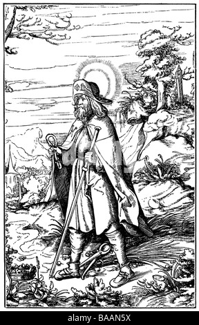 Coloman of Stockerau, + 1012, Irish pilgrim, martyr, saint, full length, woodcut by Lienhart Beck, early 16th century, Stock Photo