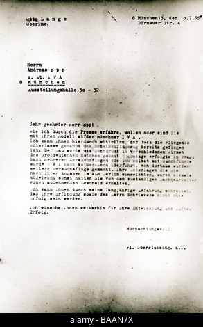 Epp, Joseph Andreas, 1914 - 1997, German inventor, documents, letter from engineer Otto Lange for RFZ (aircrafts project Miethe Belluzo) to Epp, 10.7.1965, Stock Photo