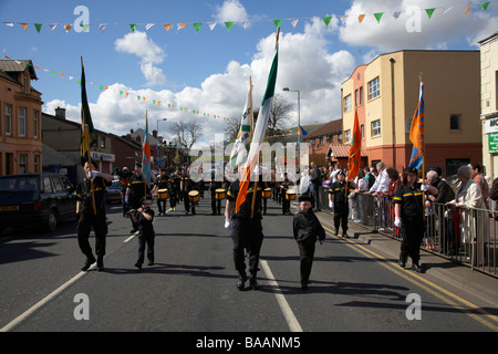 members of the eire nua republican flute band march down the falls road on Easter Sunday during the Easter Rising Commemoration Stock Photo