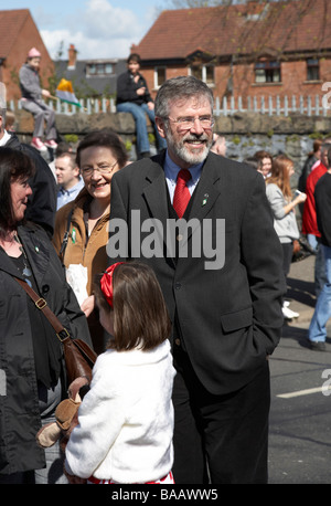 sinn fein president Gerry Adams and MEP Bairbre De Brun on Easter Sunday take part in the Easter Rising Commemoration Falls Road Stock Photo