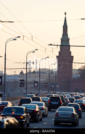 Traffic jam in Moscow city center under Kremlin tower, Moscow, Russia Stock Photo