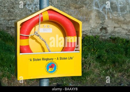 Lifebuoy at Killiney Beach with the message 'A stolen ringbuoy - a stolen life' Stock Photo