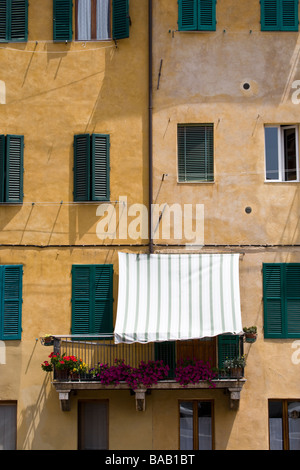 Striped awning & balcony on the coloured building facades in the Piazza del Mercarto Siena, Tuscany, Italy Stock Photo