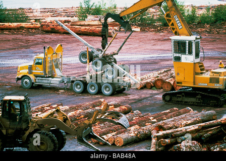 Vancouver Island, BC, British Columbia, Canada - A Logging Truck and Log Picker at Sorting Yard, Beaver Cove near Telegraph Cove Stock Photo