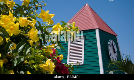 Unique red tin roof Swedish clock Gustavia St Barts Stock Photo