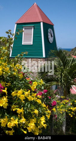 Unique red tin roof Swedish clock Gustavia St Barts Stock Photo