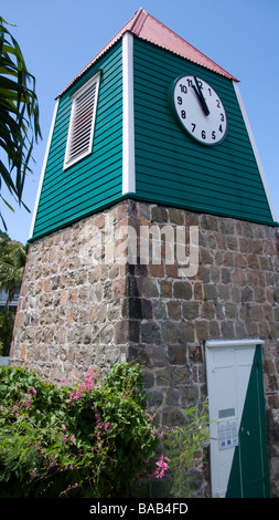 Unique red tin roof Swedish clock Gustavia St Barts Stock Photo