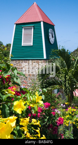 Unique red tin roof Swedish clock Gustavia St Barts Stock Photo