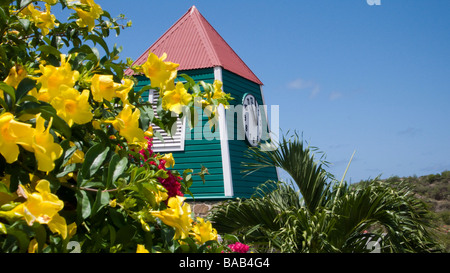 Unique red tin roof Swedish clock Gustavia St Barts Stock Photo