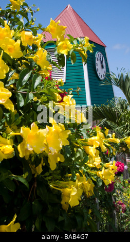 Unique red tin roof Swedish clock Gustavia St Barts Stock Photo