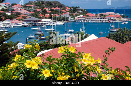 Red tin roof buildings surround Gustavia port St Barts Stock Photo