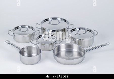 Stainless steel pots and pans Stock Photo