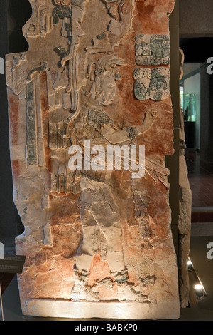 A bas relief in the Palenque museum that depicts Upakal K inich the son of K inich Ahkal Mo Naab III Stock Photo