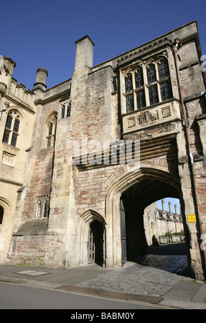 City of Wells, England. Low angled close up view of Vicars’ Hall and Gateway, with Vicars’ Close in the background. Stock Photo