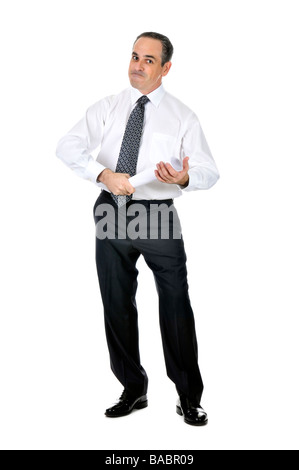 Business man in suit holding rolled up paper Stock Photo