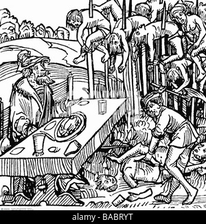 Vlad III the Impaler, 7.12.1431 - December 1476, Prince of Wallachia, attending executions while eating, German woodcut, 15th century, Stock Photo