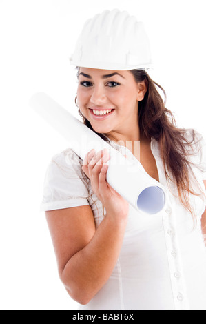smiling architect holding blueprint Stock Photo