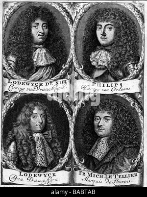 Louis XIV, 5.9.1638 - 1.9.1715, King of France 1643 - 1715, portrait, tableau, with his brother Philippe, his son Louis and his minister of war Louvois, Dutch copper engraving, 17th century, Artist's Copyright has not to be cleared Stock Photo