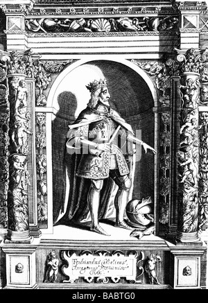 Ferdinand II, 10.3.1452 - 23.1.1516, King of Aragon, full length, statue, copper engraving, Artist's Copyright has not to be cleared