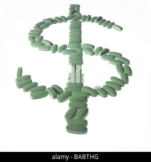 green pills laid out in the dollar money sign symbol on white background Stock Photo