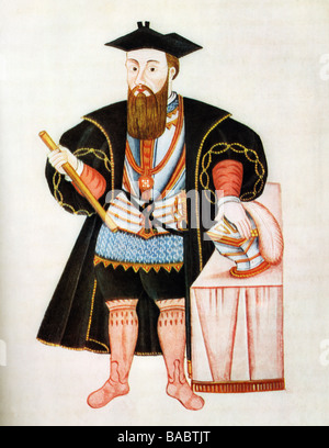 Gama, Vasco da, circa 1469 - 24.12.1524, Portuguese navigator, full length, miniature, 'Viceroys of India' by Bareto de Rezende, 17th century, Stock Photo